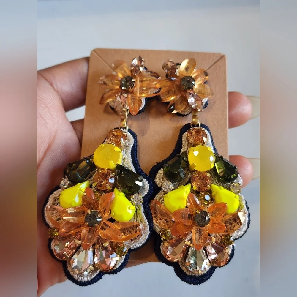 J. Crew NWT Yellow Orange Floral Beaded Rhinestone Stud Earrings